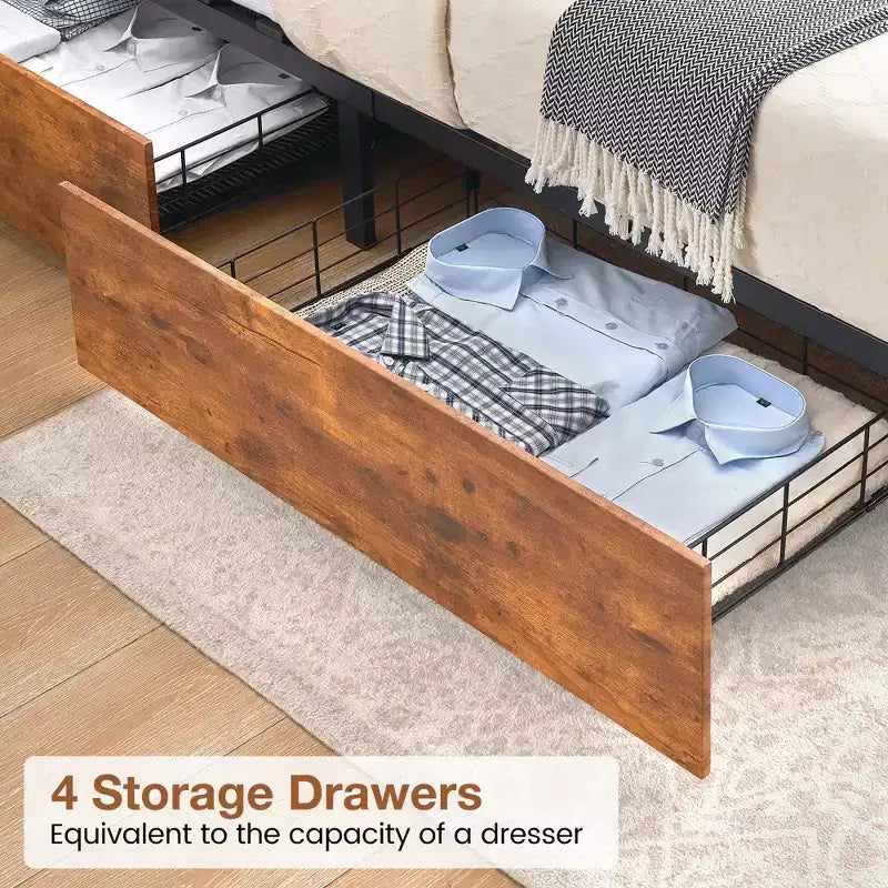 Queen Bed Frame 4 Drawers and Storage Headboard Metal Platform Bed Easy Assembly No Box Spring Needed
