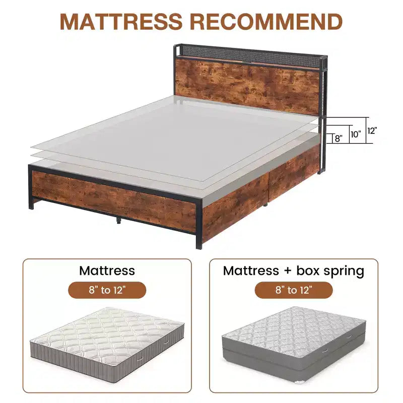 Queen Bed Frame 4 Drawers and Storage Headboard Metal Platform Bed Easy Assembly No Box Spring Needed