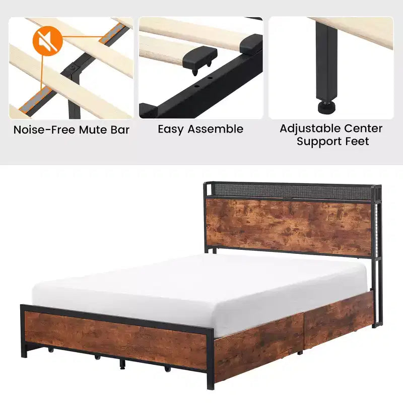 Queen Bed Frame 4 Drawers and Storage Headboard Metal Platform Bed Easy Assembly No Box Spring Needed