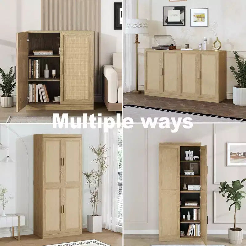PexFix 36 Modular Sideboard Cabinet with Storage Farmhouse Buffet Cabinet with Rattan Doors for Living Room Kitchen Dining Room Entryway Natural
