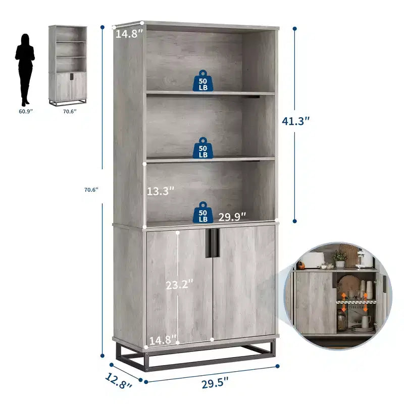 Bookcase with Door 5-Tier Farmhouse-Style Floor-Standing Display Shelving Unit with Storage Cabinet and Adjustable Shelves Suitable for Bedrooms