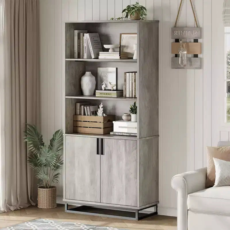 Bookcase with Door 5-Tier Farmhouse-Style Floor-Standing Display Shelving Unit with Storage Cabinet and Adjustable Shelves Suitable for Bedrooms
