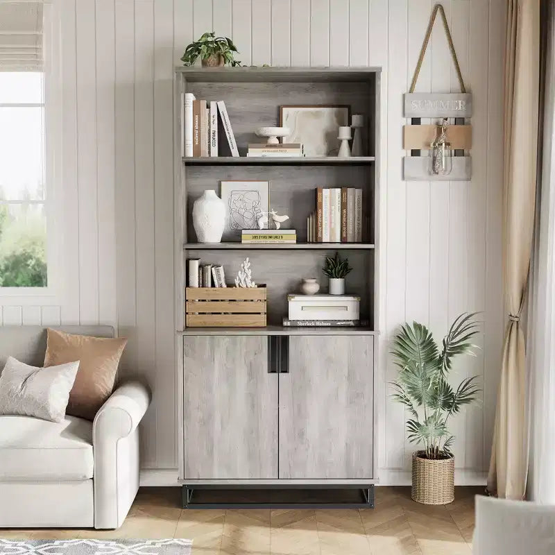 Bookcase with Door 5-Tier Farmhouse-Style Floor-Standing Display Shelving Unit with Storage Cabinet and Adjustable Shelves Suitable for Bedrooms