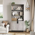 Bookcase with Door 5-Tier Farmhouse-Style Floor-Standing Display Shelving Unit with Storage Cabinet and Adjustable Shelves Suitable for Bedrooms
