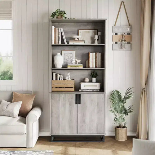 Bookcase with Door 5-Tier Farmhouse-Style Floor-Standing Display Shelving Unit with Storage Cabinet and Adjustable Shelves Suitable for Bedrooms
