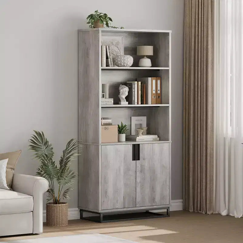 Bookcase with Door 5-Tier Farmhouse-Style Floor-Standing Display Shelving Unit with Storage Cabinet and Adjustable Shelves Suitable for Bedrooms