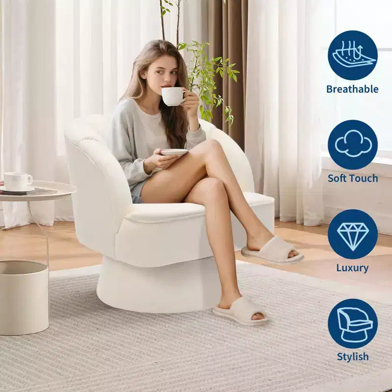 Modern Swivel Barrel Accent Chair 360 Teddy Fabric Upholstered Armchair with Striped Backrest & Plush Padding Comfy Round Lounge Chair
