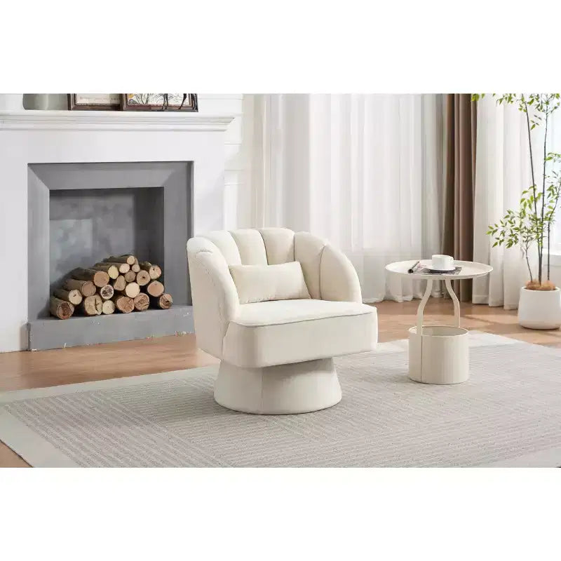 Modern Swivel Barrel Accent Chair 360 Teddy Fabric Upholstered Armchair with Striped Backrest & Plush Padding Comfy Round Lounge Chair