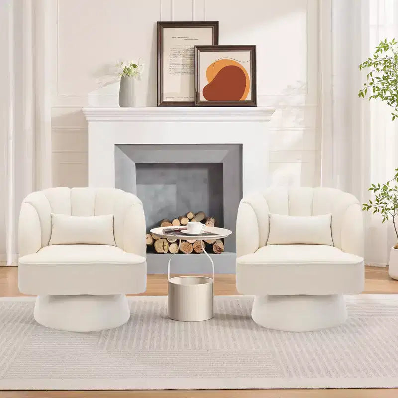 Modern Swivel Barrel Accent Chair 360 Teddy Fabric Upholstered Armchair with Striped Backrest & Plush Padding Comfy Round Lounge Chair