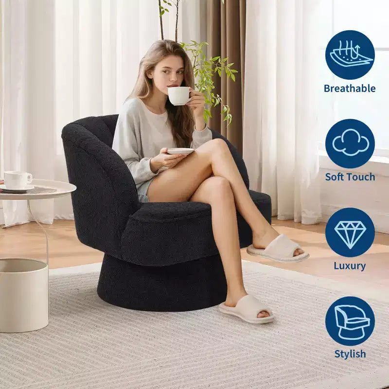 Modern Swivel Barrel Accent Chair 360 Teddy Fabric Upholstered Armchair with Striped Backrest & Plush Padding Comfy Round Lounge Chair