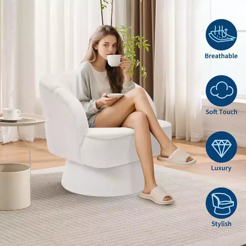 Modern Swivel Barrel Accent Chair 360 Teddy Fabric Upholstered Armchair with Striped Backrest & Plush Padding Comfy Round Lounge Chair