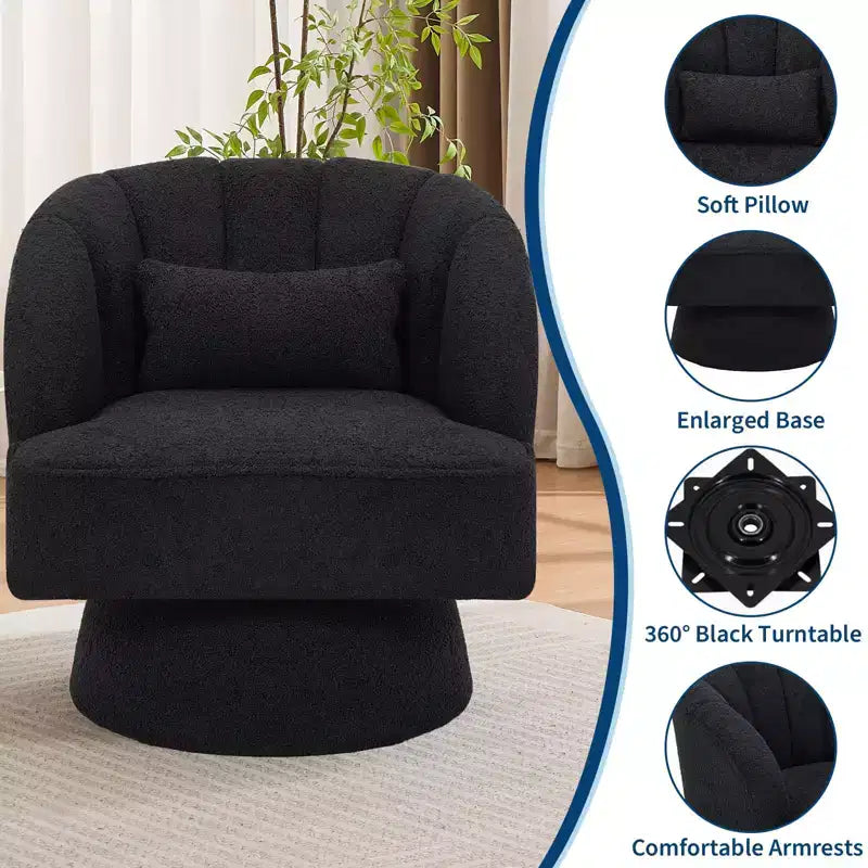 Modern Swivel Barrel Accent Chair 360 Teddy Fabric Upholstered Armchair with Striped Backrest & Plush Padding Comfy Round Lounge Chair