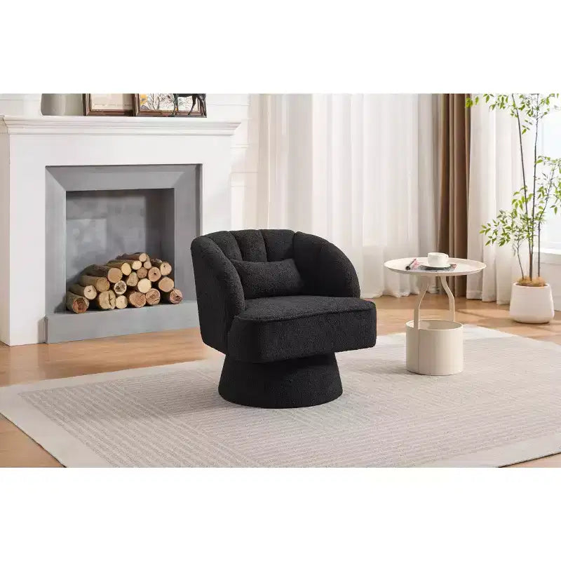 Modern Swivel Barrel Accent Chair 360 Teddy Fabric Upholstered Armchair with Striped Backrest & Plush Padding Comfy Round Lounge Chair