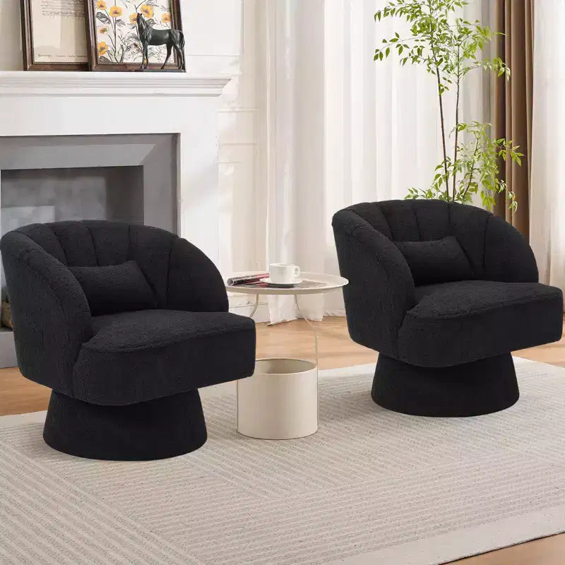 Modern Swivel Barrel Accent Chair 360 Teddy Fabric Upholstered Armchair with Striped Backrest & Plush Padding Comfy Round Lounge Chair