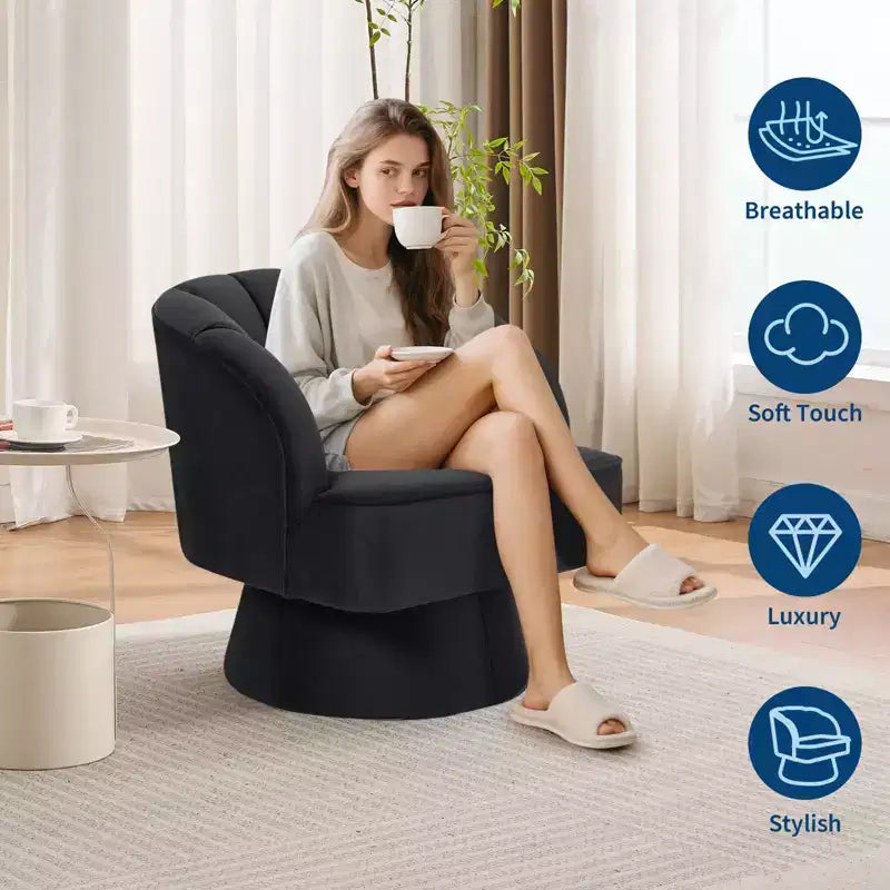 Modern Swivel Barrel Accent Chair 360 Teddy Fabric Upholstered Armchair with Striped Backrest & Plush Padding Comfy Round Lounge Chair