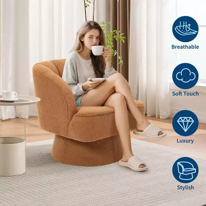 Modern Swivel Barrel Accent Chair 360 Teddy Fabric Upholstered Armchair with Striped Backrest & Plush Padding Comfy Round Lounge Chair