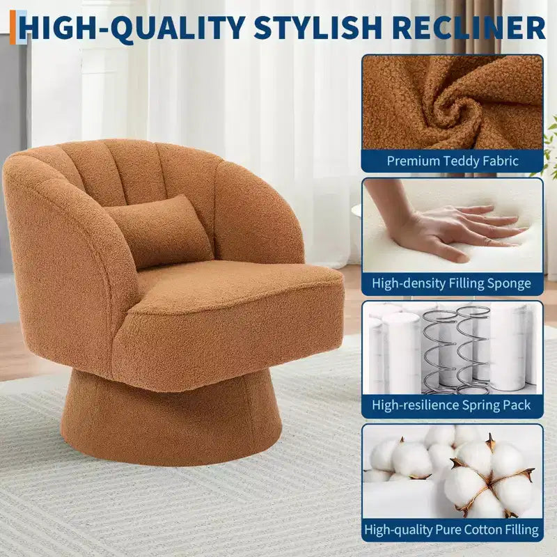 Modern Swivel Barrel Accent Chair 360 Teddy Fabric Upholstered Armchair with Striped Backrest & Plush Padding Comfy Round Lounge Chair