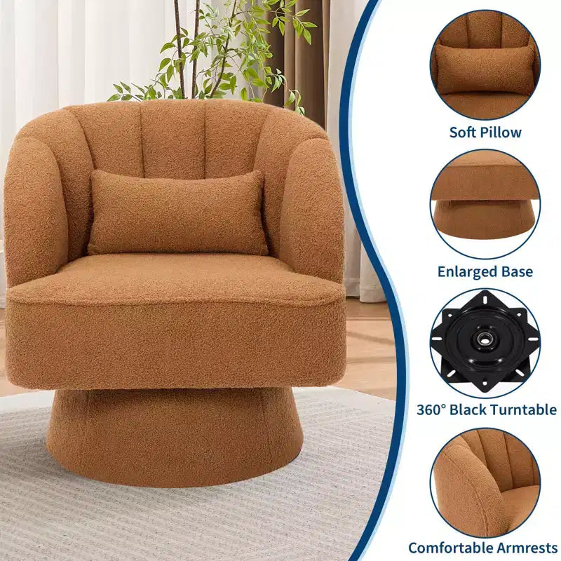 Modern Swivel Barrel Accent Chair 360 Teddy Fabric Upholstered Armchair with Striped Backrest & Plush Padding Comfy Round Lounge Chair
