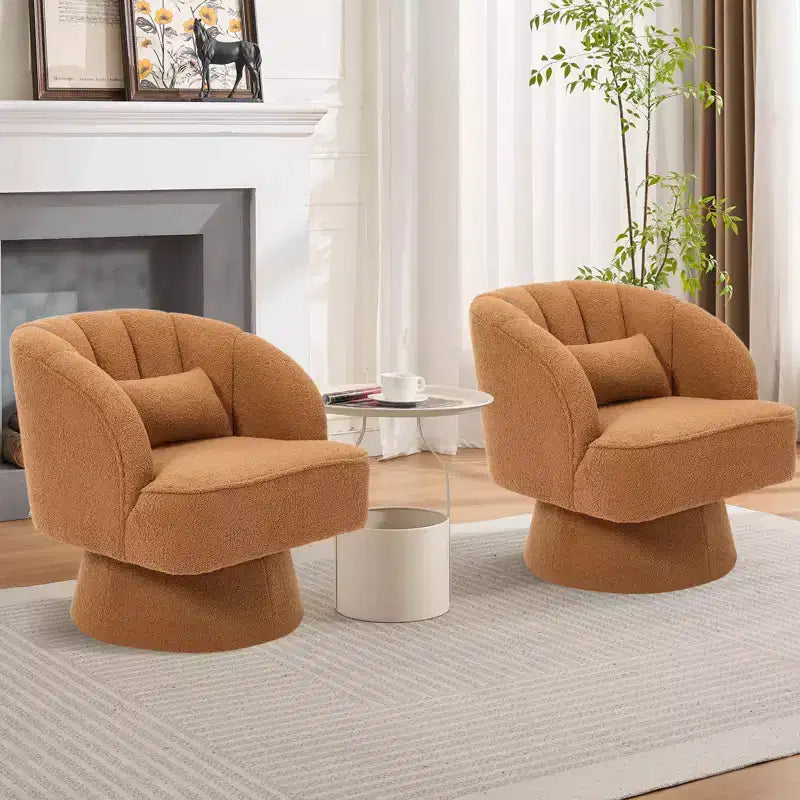 Modern Swivel Barrel Accent Chair 360 Teddy Fabric Upholstered Armchair with Striped Backrest & Plush Padding Comfy Round Lounge Chair