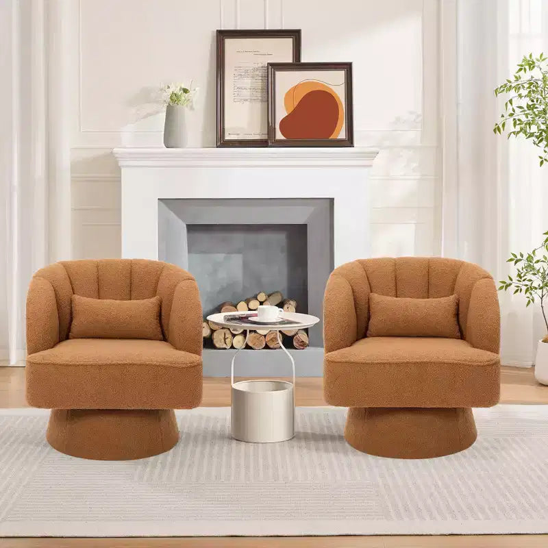 Modern Swivel Barrel Accent Chair 360 Teddy Fabric Upholstered Armchair with Striped Backrest & Plush Padding Comfy Round Lounge Chair