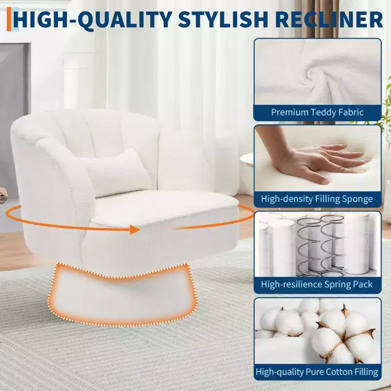 Modern Swivel Barrel Accent Chair 360 Teddy Fabric Upholstered Armchair with Striped Backrest & Plush Padding Comfy Round Lounge Chair