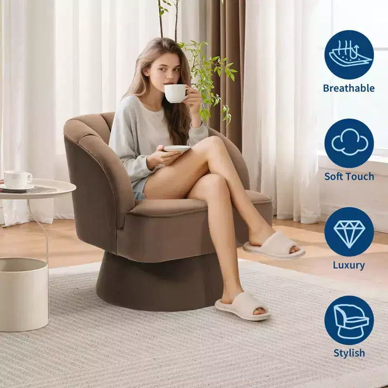 Modern Swivel Barrel Accent Chair 360 Teddy Fabric Upholstered Armchair with Striped Backrest & Plush Padding Comfy Round Lounge Chair