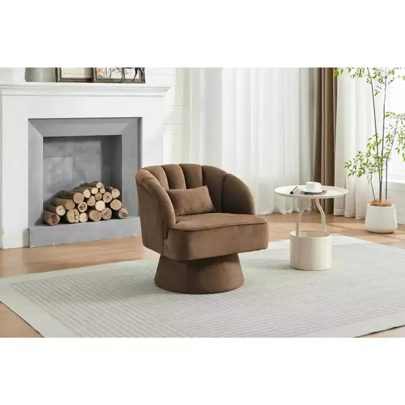 Modern Swivel Barrel Accent Chair 360 Teddy Fabric Upholstered Armchair with Striped Backrest & Plush Padding Comfy Round Lounge Chair