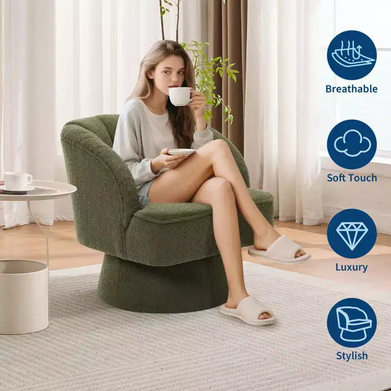 Modern Swivel Barrel Accent Chair 360 Teddy Fabric Upholstered Armchair with Striped Backrest & Plush Padding Comfy Round Lounge Chair