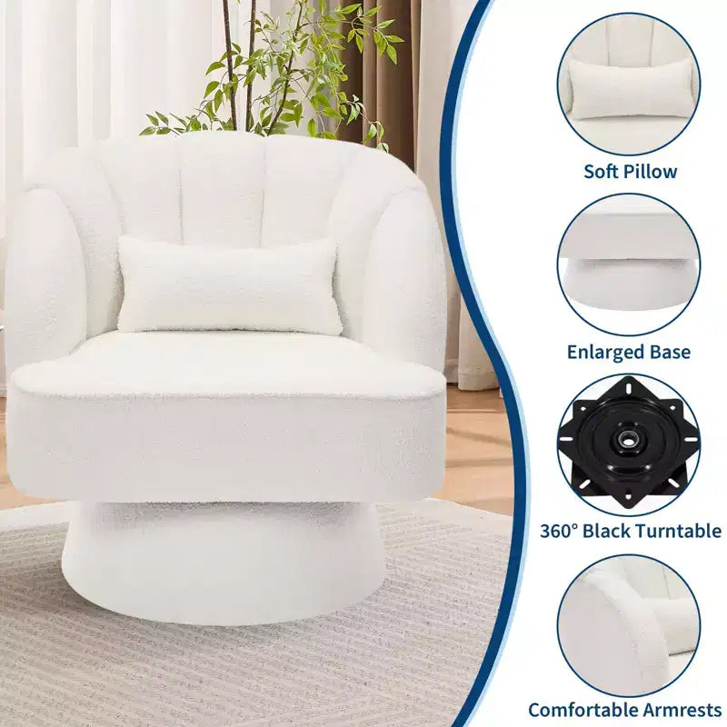 Modern Swivel Barrel Accent Chair 360 Teddy Fabric Upholstered Armchair with Striped Backrest & Plush Padding Comfy Round Lounge Chair