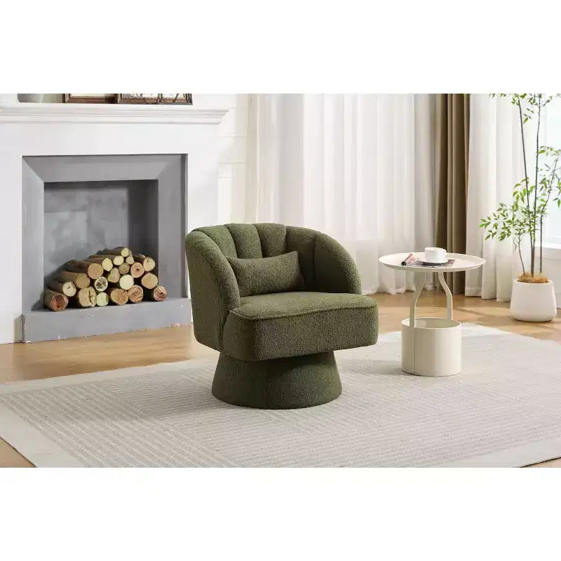 Modern Swivel Barrel Accent Chair 360 Teddy Fabric Upholstered Armchair with Striped Backrest & Plush Padding Comfy Round Lounge Chair