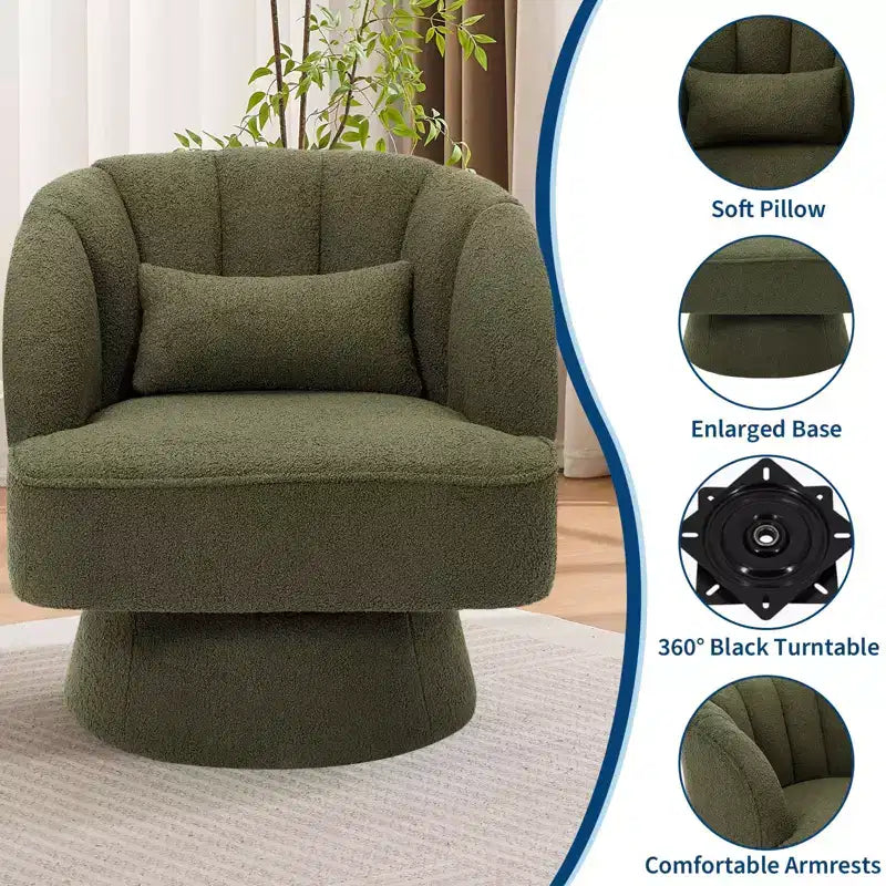 Modern Swivel Barrel Accent Chair 360 Teddy Fabric Upholstered Armchair with Striped Backrest & Plush Padding Comfy Round Lounge Chair