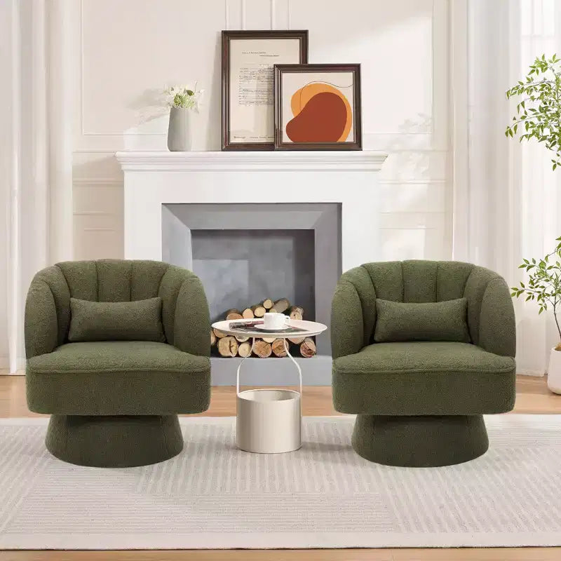 Modern Swivel Barrel Accent Chair 360 Teddy Fabric Upholstered Armchair with Striped Backrest & Plush Padding Comfy Round Lounge Chair