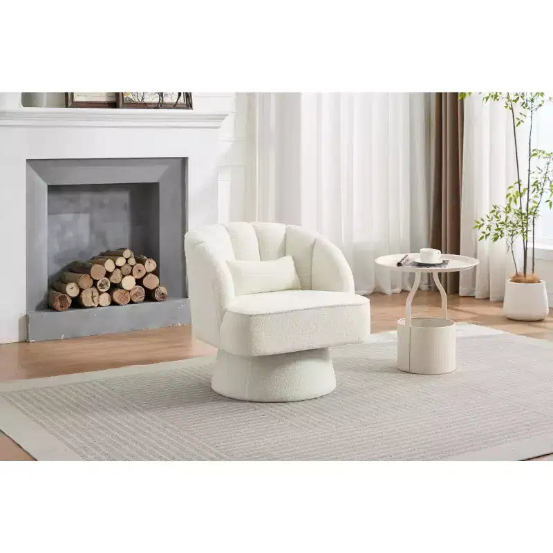 Modern Swivel Barrel Accent Chair 360 Teddy Fabric Upholstered Armchair with Striped Backrest & Plush Padding Comfy Round Lounge Chair