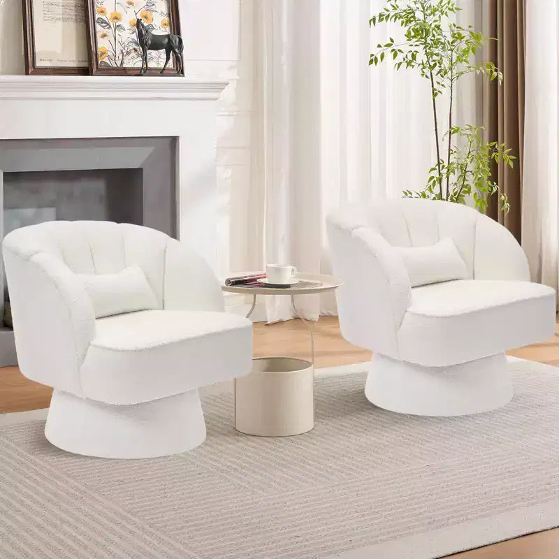 Modern Swivel Barrel Accent Chair 360 Teddy Fabric Upholstered Armchair with Striped Backrest & Plush Padding Comfy Round Lounge Chair