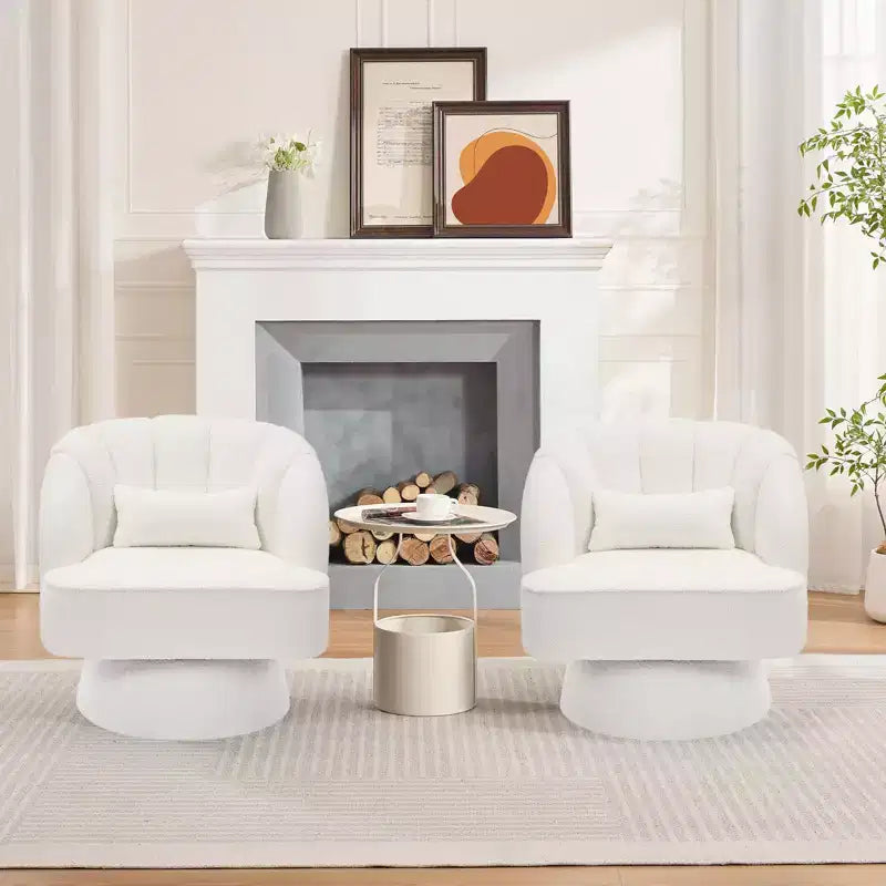 Modern Swivel Barrel Accent Chair 360 Teddy Fabric Upholstered Armchair with Striped Backrest & Plush Padding Comfy Round Lounge Chair