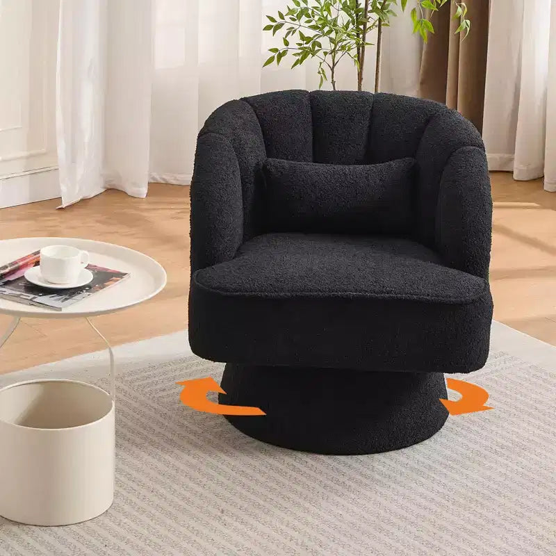 Modern Swivel Barrel Accent Chair 360 Teddy Fabric Upholstered Armchair with Striped Backrest & Plush Padding Comfy Round Lounge Chair
