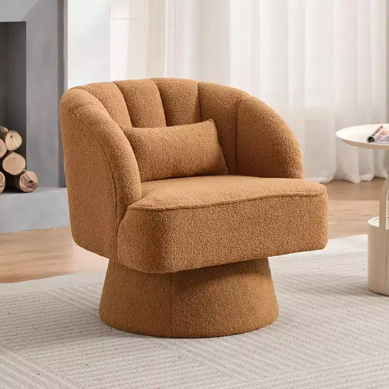 Modern Swivel Barrel Accent Chair 360 Teddy Fabric Upholstered Armchair with Striped Backrest & Plush Padding Comfy Round Lounge Chair