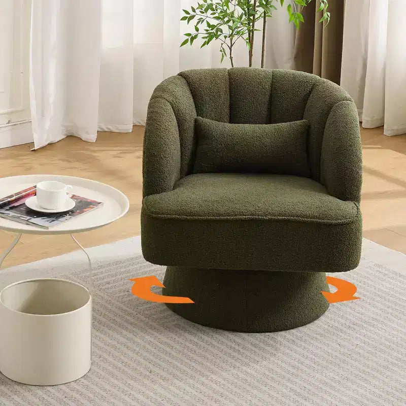Modern Swivel Barrel Accent Chair 360 Teddy Fabric Upholstered Armchair with Striped Backrest & Plush Padding Comfy Round Lounge Chair