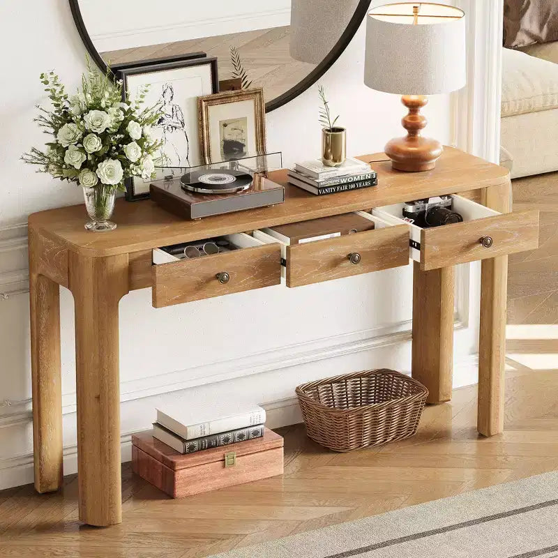 Okak Vintage Wood Veneer Console Table with 3 Storage Drawers & Curved Corners Elegant Entryway Table for Foyer Hallway Living Room