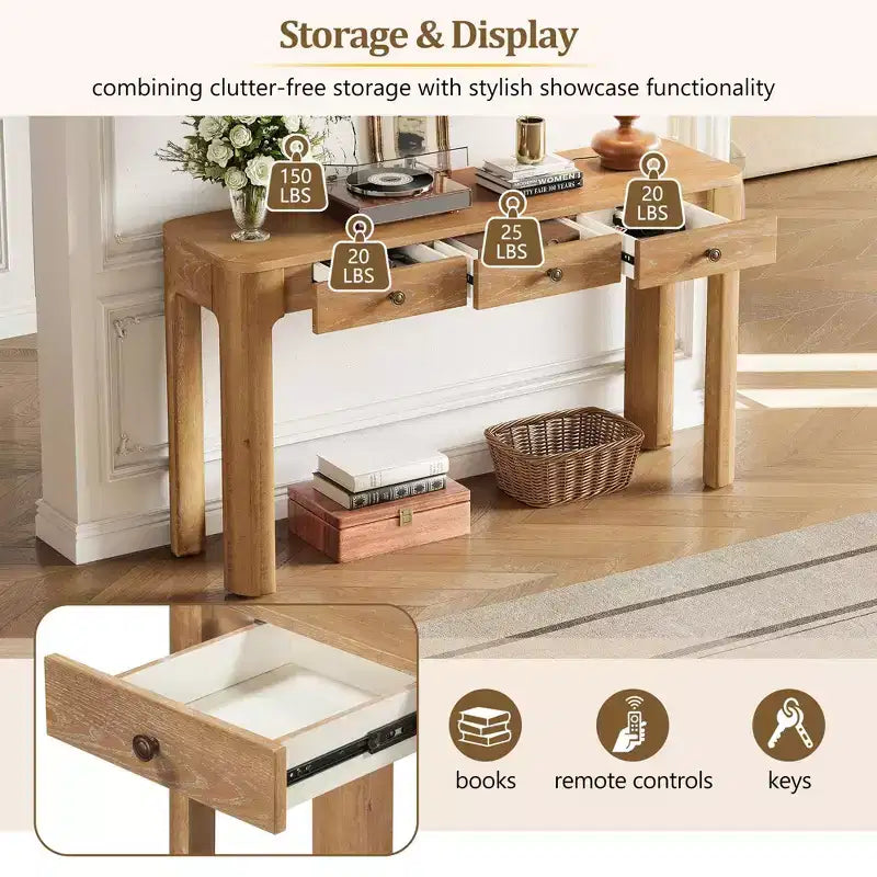 Okak Vintage Wood Veneer Console Table with 3 Storage Drawers & Curved Corners Elegant Entryway Table for Foyer Hallway Living Room