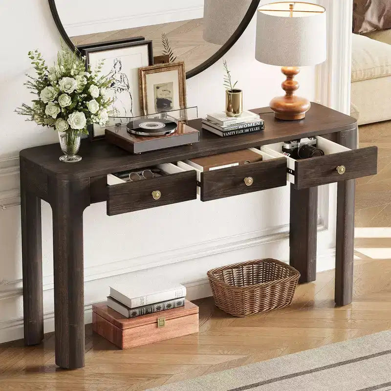 Okak Vintage Wood Veneer Console Table with 3 Storage Drawers & Curved Corners Elegant Entryway Table for Foyer Hallway Living Room