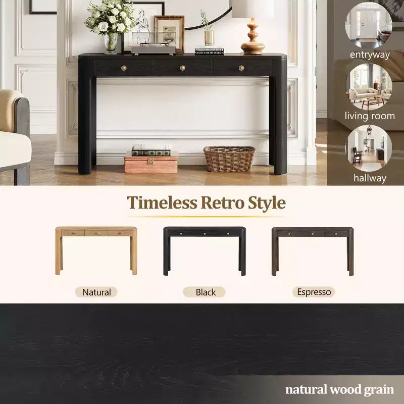 Okak Vintage Wood Veneer Console Table with 3 Storage Drawers & Curved Corners Elegant Entryway Table for Foyer Hallway Living Room