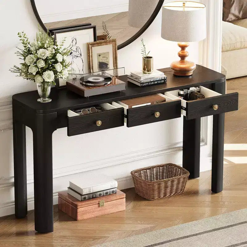 Okak Vintage Wood Veneer Console Table with 3 Storage Drawers & Curved Corners Elegant Entryway Table for Foyer Hallway Living Room
