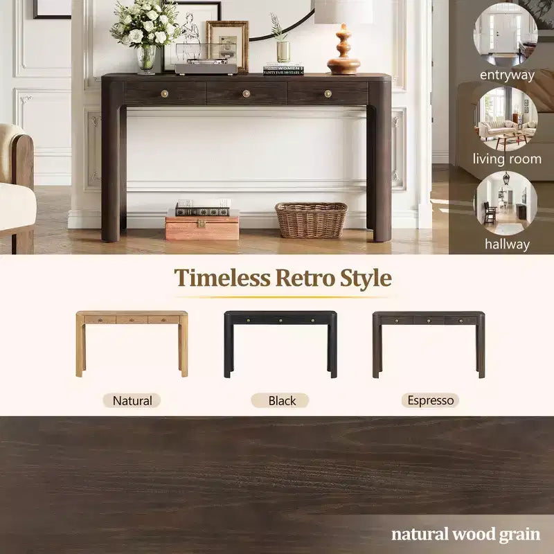 Okak Vintage Wood Veneer Console Table with 3 Storage Drawers & Curved Corners Elegant Entryway Table for Foyer Hallway Living Room