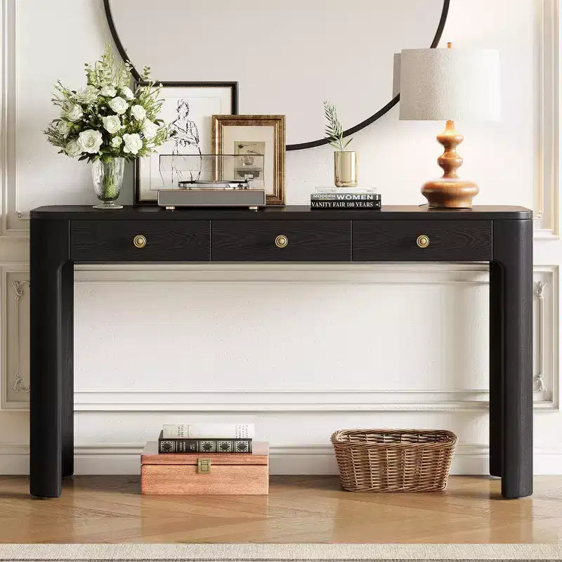 Okak Vintage Wood Veneer Console Table with 3 Storage Drawers & Curved Corners Elegant Entryway Table for Foyer Hallway Living Room
