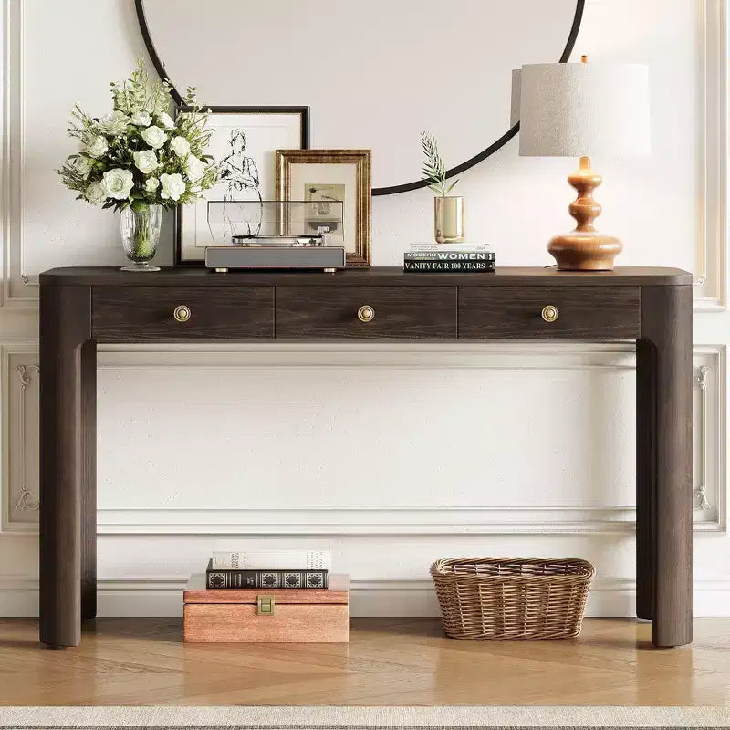 Okak Vintage Wood Veneer Console Table with 3 Storage Drawers & Curved Corners Elegant Entryway Table for Foyer Hallway Living Room
