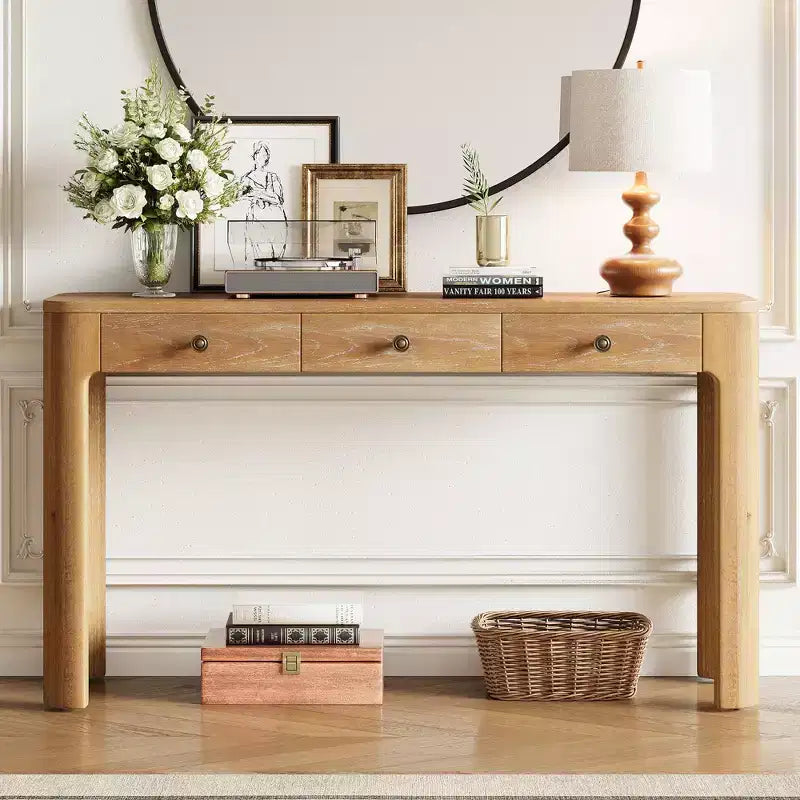 Okak Vintage Wood Veneer Console Table with 3 Storage Drawers & Curved Corners Elegant Entryway Table for Foyer Hallway Living Room