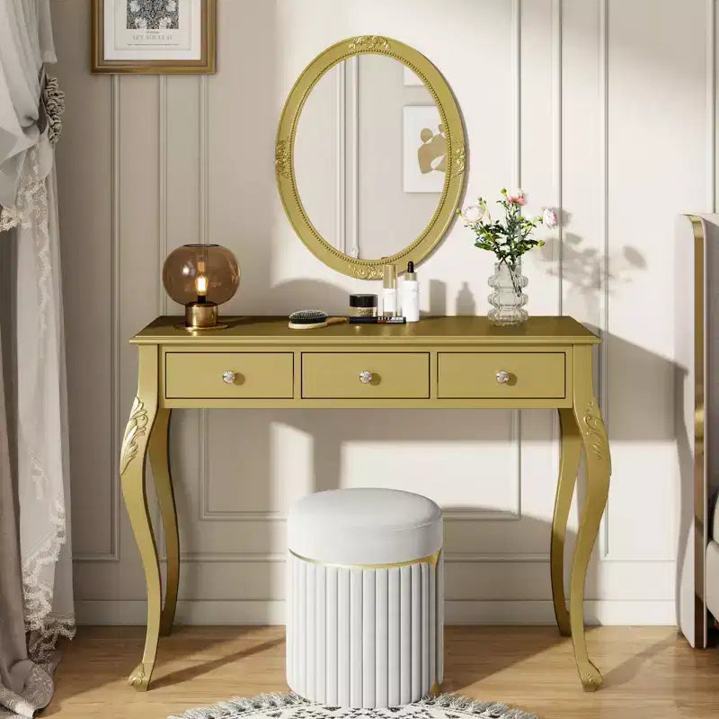Luxury Dressing Table with 3-Drawer Console for Storage Wall-Mounted Oval Mirror Elegant Beauty Station for Bedroom Dressing Room Salon