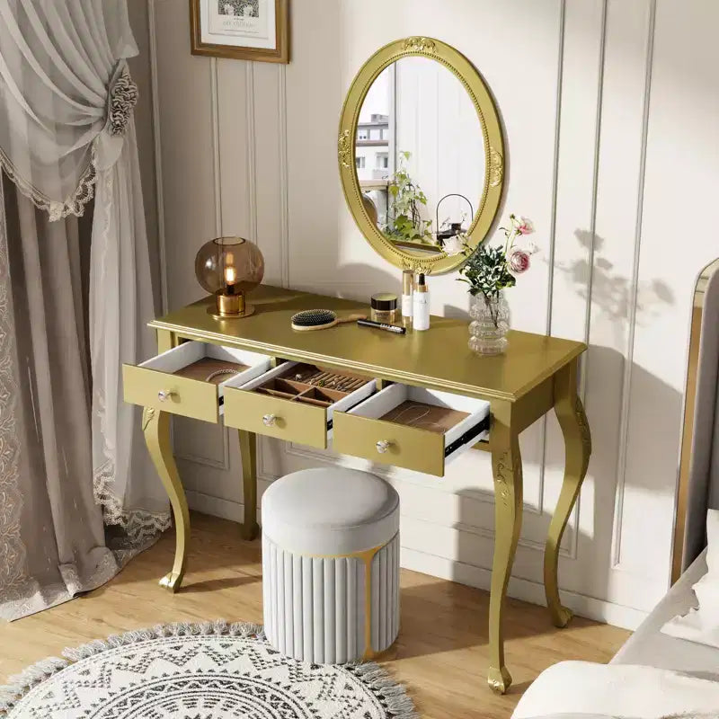 Luxury Dressing Table with 3-Drawer Console for Storage Wall-Mounted Oval Mirror Elegant Beauty Station for Bedroom Dressing Room Salon