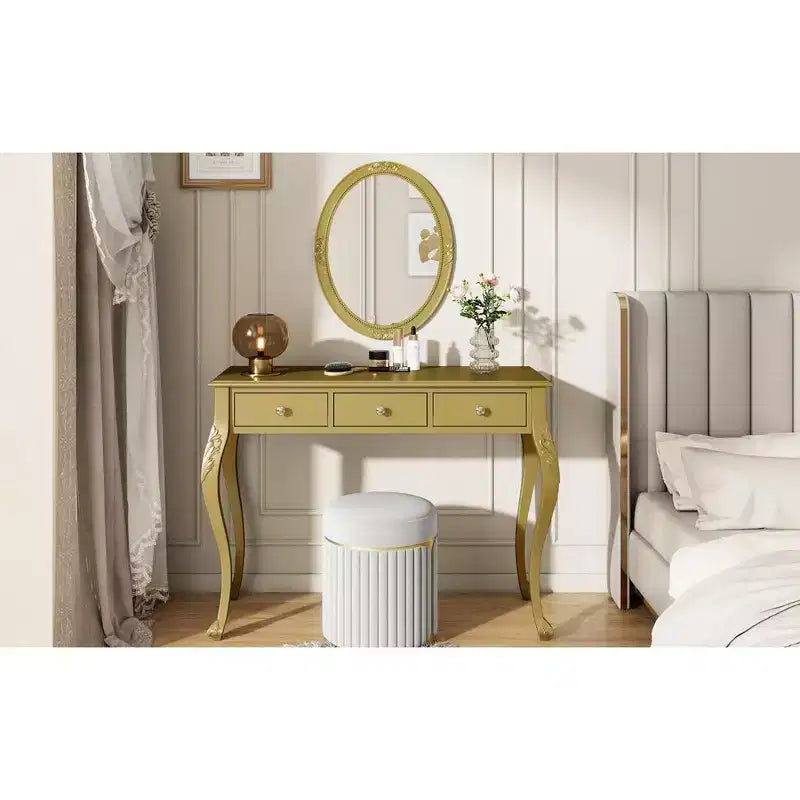 Luxury Dressing Table with 3-Drawer Console for Storage Wall-Mounted Oval Mirror Elegant Beauty Station for Bedroom Dressing Room Salon